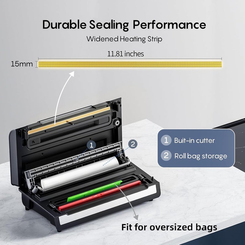 Fresko Fully Automatic Vacuum Sealer, 95Kpa Powerful Food Vacuum Sealer Machine, Auto Dry-Wet Detection | Bag Cutter | 2 Rolls Bags & 100 Pcs Precut Bags | Effortless Operation, Silver - Black - Image 3